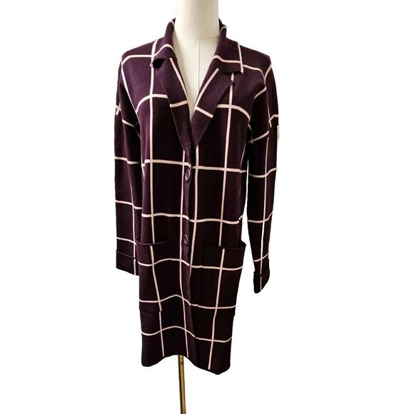 New NINE WEST Sweater‎ Long Coat Cardigan Duster Deep Purple Plaid Rayon Small 4 - Picture 1 of 3